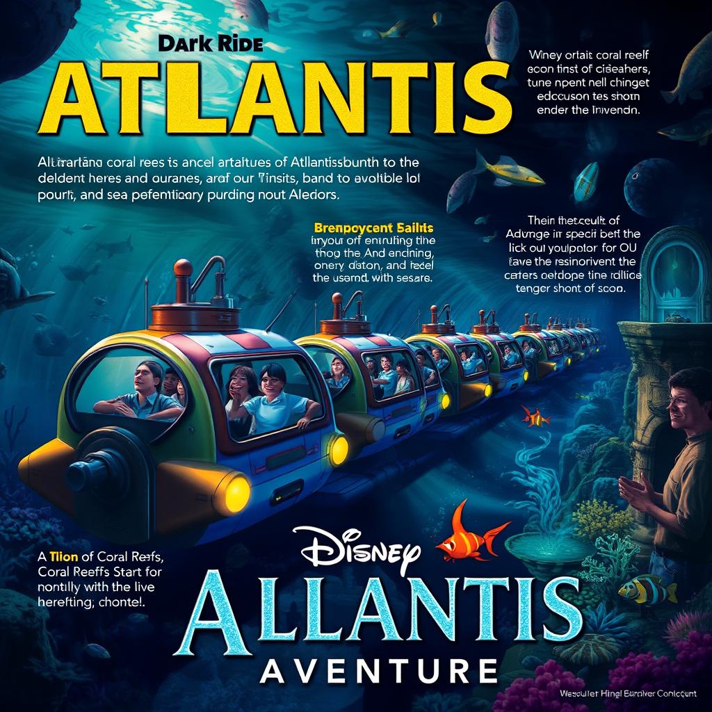 A detailed dark ride concept for Disney's Atlantis submarine adventure, featuring a vibrant underwater journey