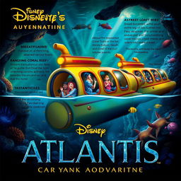 A detailed dark ride concept for Disney's Atlantis submarine adventure, featuring a vibrant underwater journey