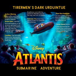A detailed dark ride concept for Disney's Atlantis submarine adventure, featuring a vibrant underwater journey