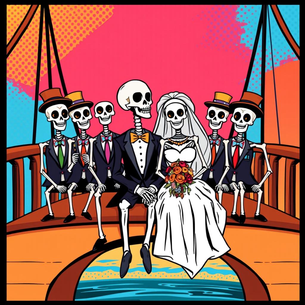 A whimsical pop art illustration featuring a bride and groom skeleton sitting together on a bridge, surrounded by nine groomsmen skeletons
