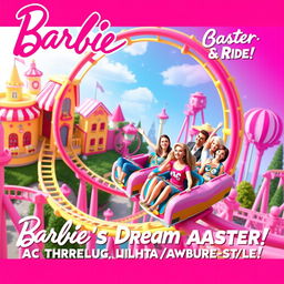 A vibrant concept design for the Barbie-Coaster, showcasing a whimsical roller coaster experience inspired by the world of Barbie