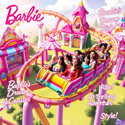 A vibrant concept design for the Barbie-Coaster, showcasing a whimsical roller coaster experience inspired by the world of Barbie