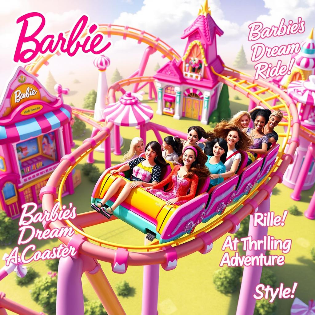 A vibrant concept design for the Barbie-Coaster, showcasing a whimsical roller coaster experience inspired by the world of Barbie