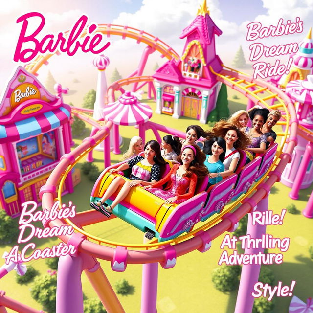 A vibrant concept design for the Barbie-Coaster, showcasing a whimsical roller coaster experience inspired by the world of Barbie