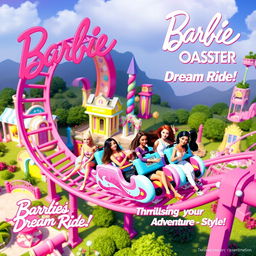A vibrant concept design for the Barbie-Coaster, showcasing a whimsical roller coaster experience inspired by the world of Barbie