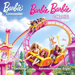 A vibrant concept design for the Barbie-Coaster, showcasing a whimsical roller coaster experience inspired by the world of Barbie