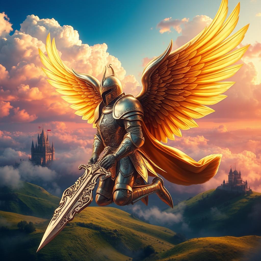 A majestic knight adorned in shining armor, featuring large, intricate wings that spread from their back, soaring through a vibrant fantasy landscape filled with colorful skies and fluffy clouds