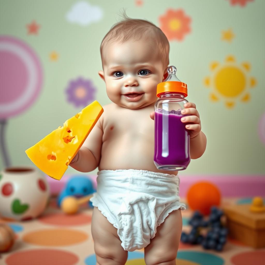 A whimsical and surreal image featuring a young male baby in a diaper, depicted without a head