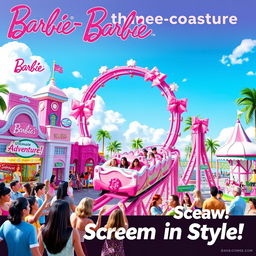 A colorful and cheerful theme park concept for the Barbie-Coaster, capturing the essence of fun and adventure