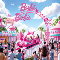 A colorful and cheerful theme park concept for the Barbie-Coaster, capturing the essence of fun and adventure