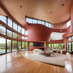 A modern, curved-shaped home with four bedrooms and three bathrooms, constructed with red interlocking bricks. The residence has an open floor plan, high ceilings, and features an airy loft area.