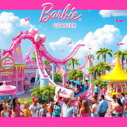 A colorful and cheerful theme park concept for the Barbie-Coaster, capturing the essence of fun and adventure