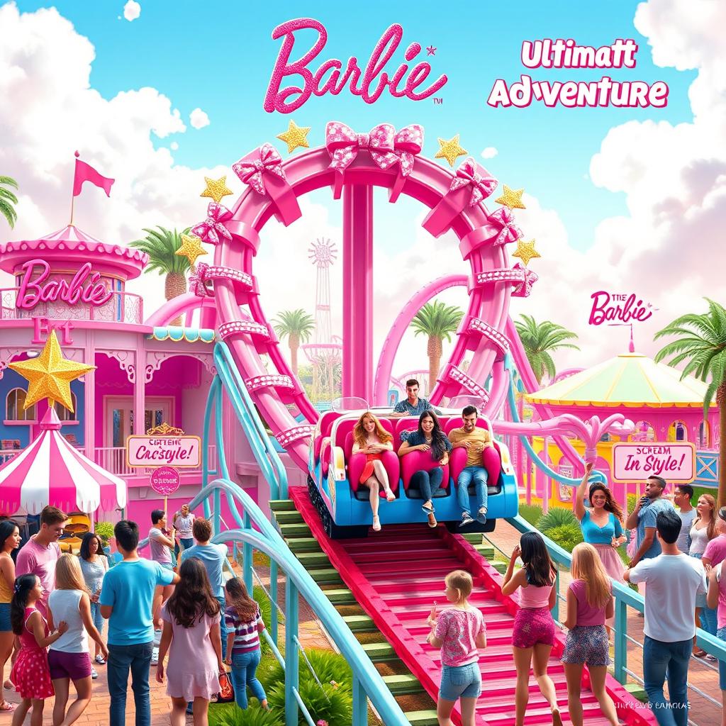 A colorful and cheerful theme park concept for the Barbie-Coaster, capturing the essence of fun and adventure