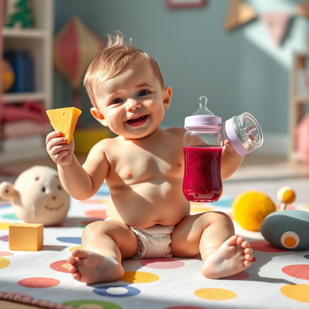 An imaginative scene featuring a young male baby in a diaper, playfully holding a piece of cheese in one hand and a feeding bottle full of red grape juice in the other