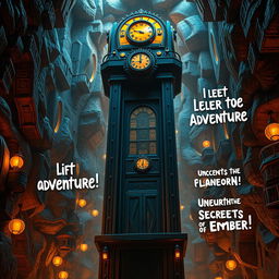 A captivating theme park concept for the City of Ember elevator ride, inspired by the enchanting underground world of the Ember city