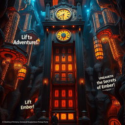 A captivating theme park concept for the City of Ember elevator ride, inspired by the enchanting underground world of the Ember city