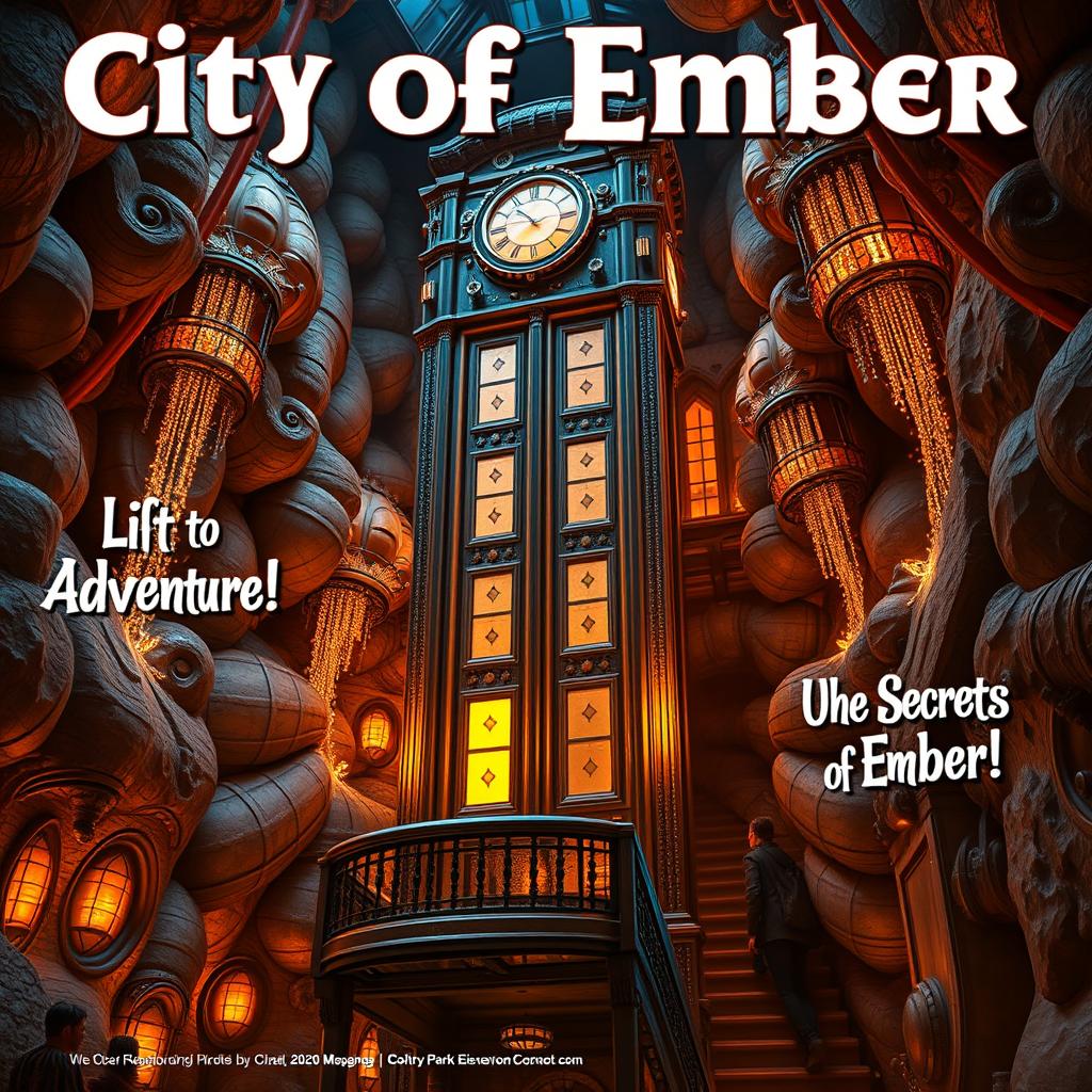 A captivating theme park concept for the City of Ember elevator ride, inspired by the enchanting underground world of the Ember city