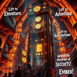 A captivating theme park concept for the City of Ember elevator ride, inspired by the enchanting underground world of the Ember city