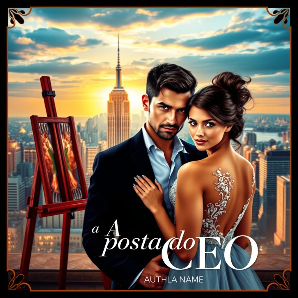 A captivating book cover for "A Aposta do CEO" featuring an attractive Latino CEO and a blue-eyed artist in the foreground