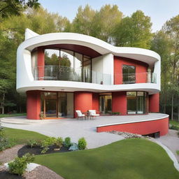 A modern, curved-shaped home with four bedrooms and three bathrooms, constructed with red interlocking bricks. The residence has an open floor plan, high ceilings, and features an airy loft area.