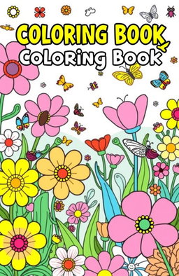 A vibrant and eye-catching coloring book cover featuring a whimsical garden scene filled with oversized flowers, playful butterflies, and cheerful insects