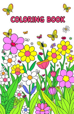 A vibrant and eye-catching coloring book cover featuring a whimsical garden scene filled with oversized flowers, playful butterflies, and cheerful insects