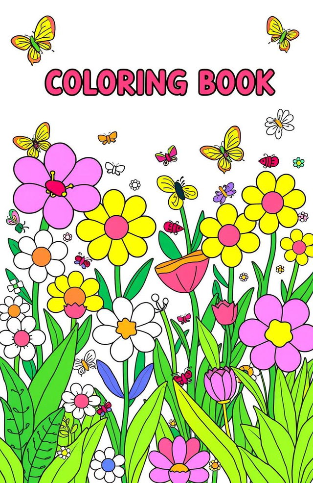 A vibrant and eye-catching coloring book cover featuring a whimsical garden scene filled with oversized flowers, playful butterflies, and cheerful insects