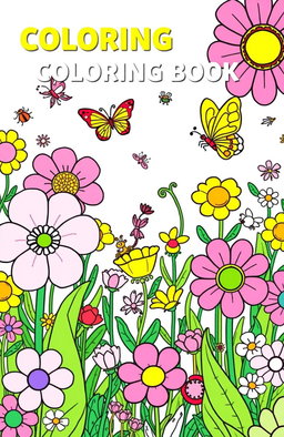 A vibrant and eye-catching coloring book cover featuring a whimsical garden scene filled with oversized flowers, playful butterflies, and cheerful insects