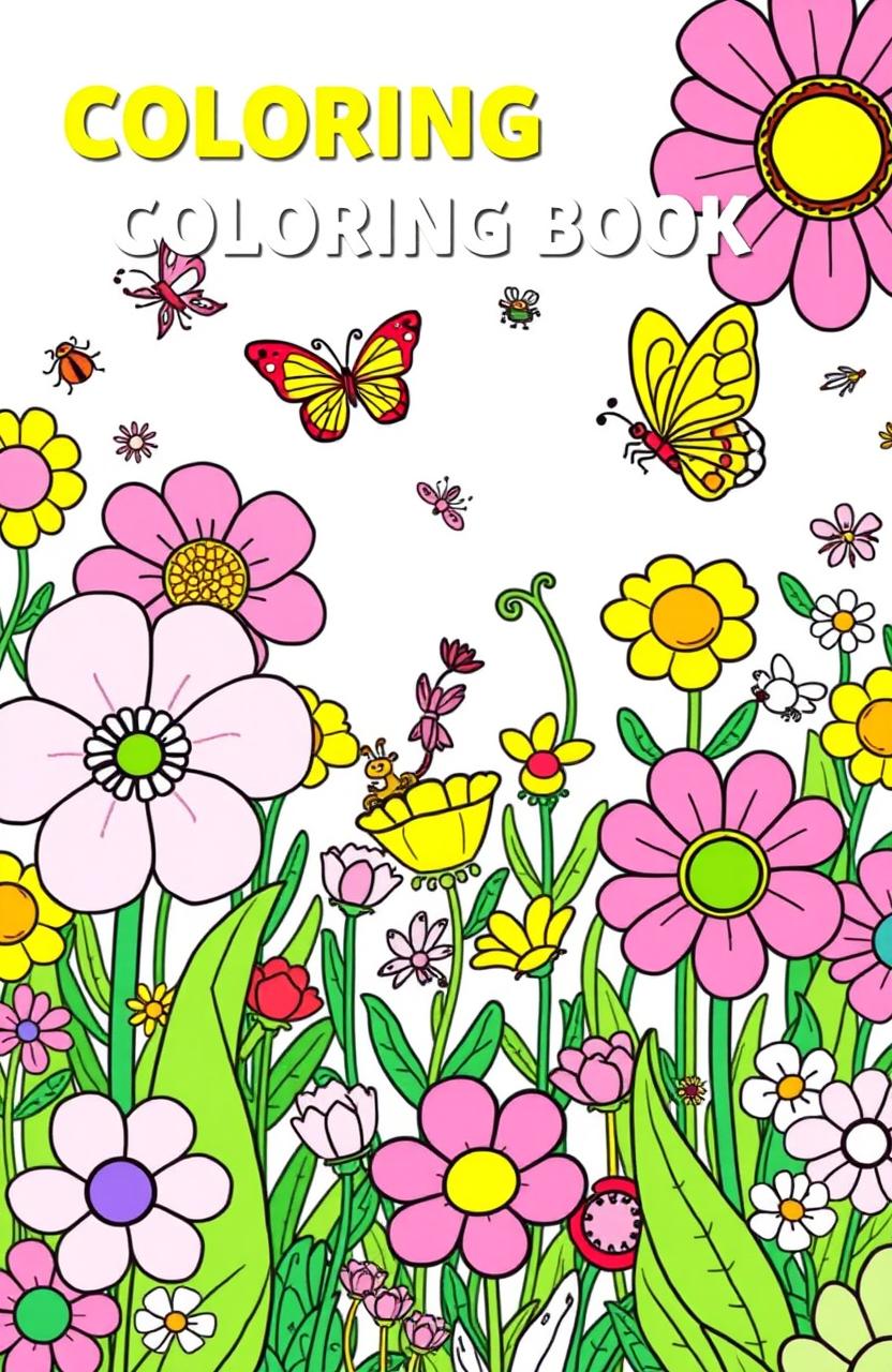 A vibrant and eye-catching coloring book cover featuring a whimsical garden scene filled with oversized flowers, playful butterflies, and cheerful insects