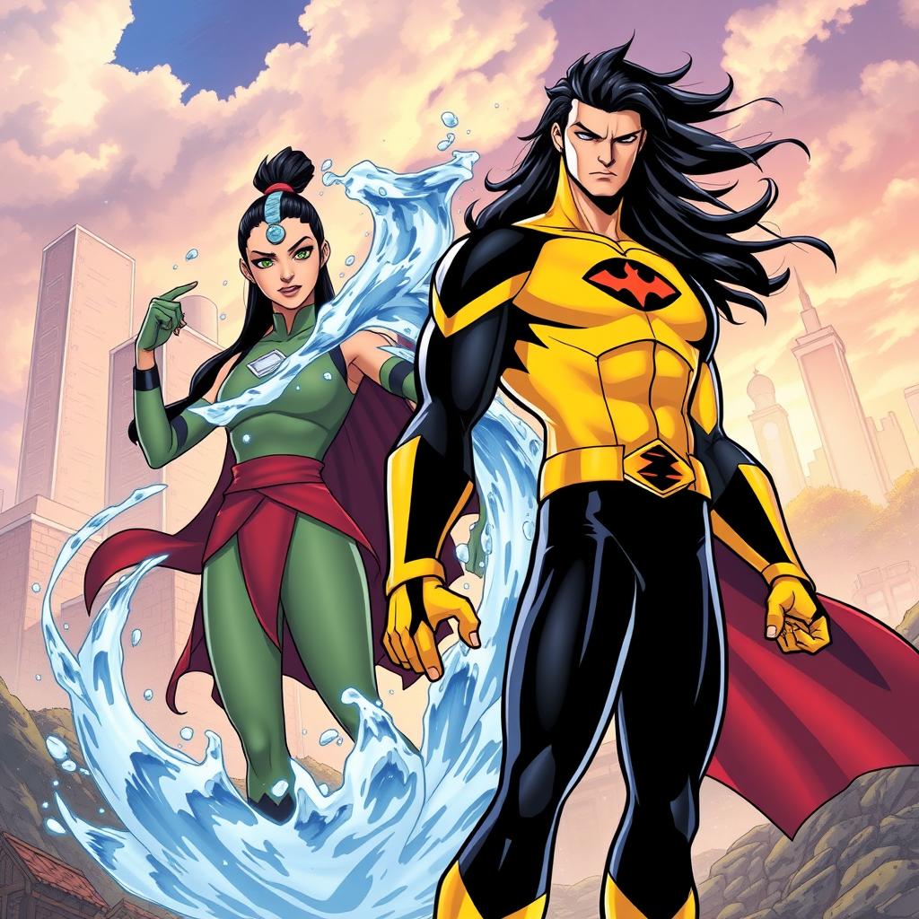 An epic crossover illustration featuring Invincible, the superhero from the comic series, standing alongside Korra, the Avatar from 'The Legend of Korra'