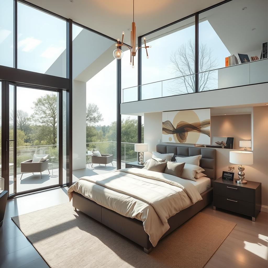 A modern glass-walled master bedroom measuring 2