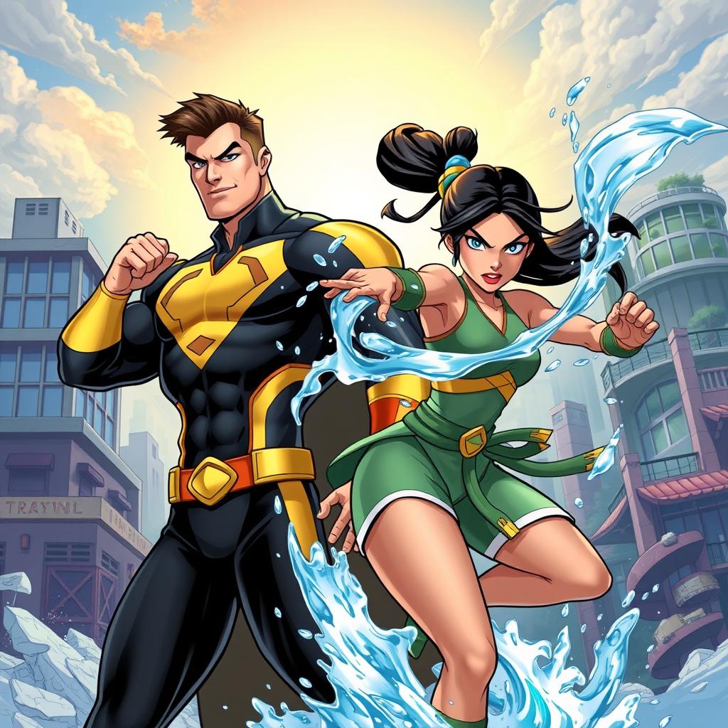 A vibrant and dynamic illustration featuring Mark Grayson (Invincible) alongside Korra from 'The Legend of Korra'