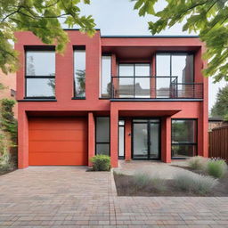 A modern, square-shaped home with four bedrooms and three bathrooms, constructed with red interlocking bricks. It features an open floor plan with high ceilings and a stylish loft area.