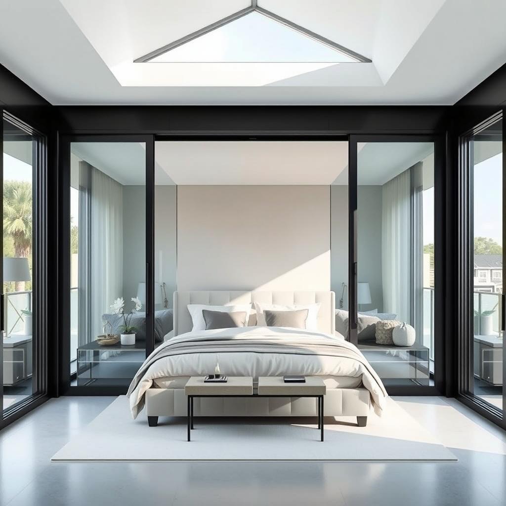 A modern glass-walled master bedroom measuring 2