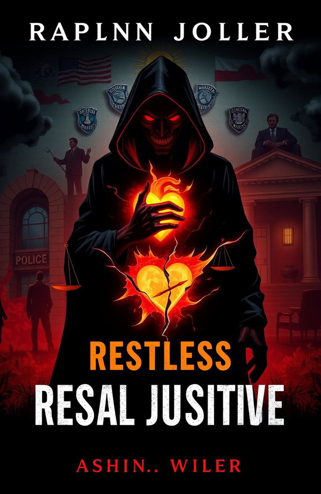 A visually striking book cover depicting a restless and angry soul embodying social justice, set against a backdrop of dark, oppressive institutions like a police department and an attorney's office