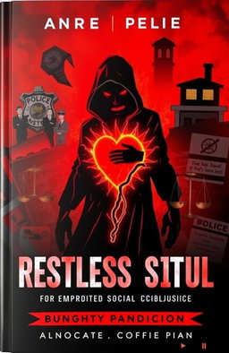 A visually striking book cover depicting a restless and angry soul embodying social justice, set against a backdrop of dark, oppressive institutions like a police department and an attorney's office