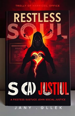 A visually striking book cover depicting a restless and angry soul embodying social justice, set against a backdrop of dark, oppressive institutions like a police department and an attorney's office