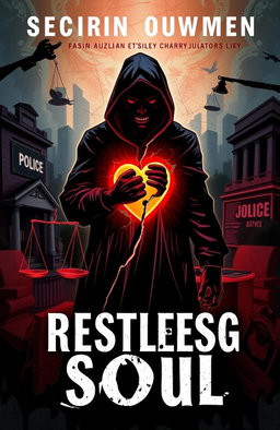 A visually striking book cover depicting a restless and angry soul embodying social justice, set against a backdrop of dark, oppressive institutions like a police department and an attorney's office