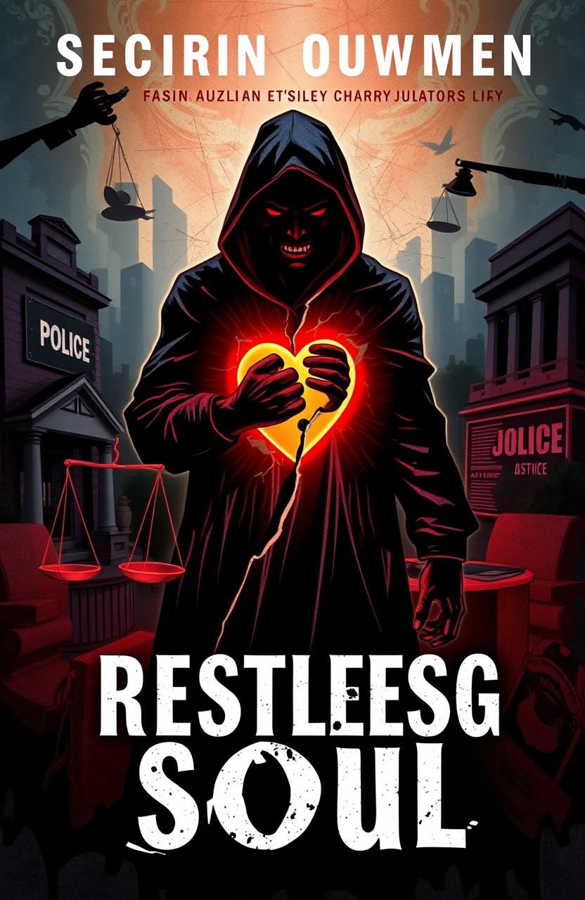 A visually striking book cover depicting a restless and angry soul embodying social justice, set against a backdrop of dark, oppressive institutions like a police department and an attorney's office