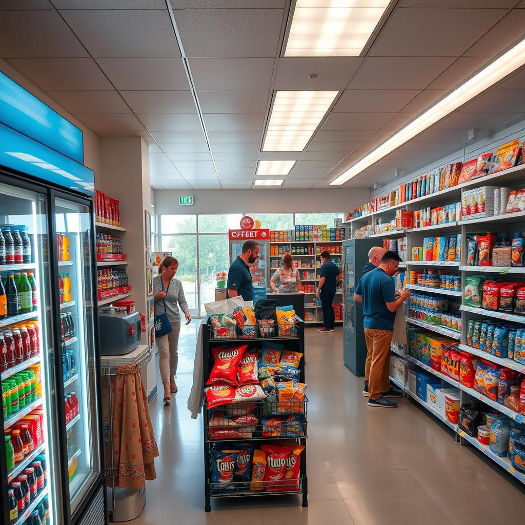 A modern convenience store interior filled with neatly organized shelves packed with colorful snacks, beverages, and essential household items