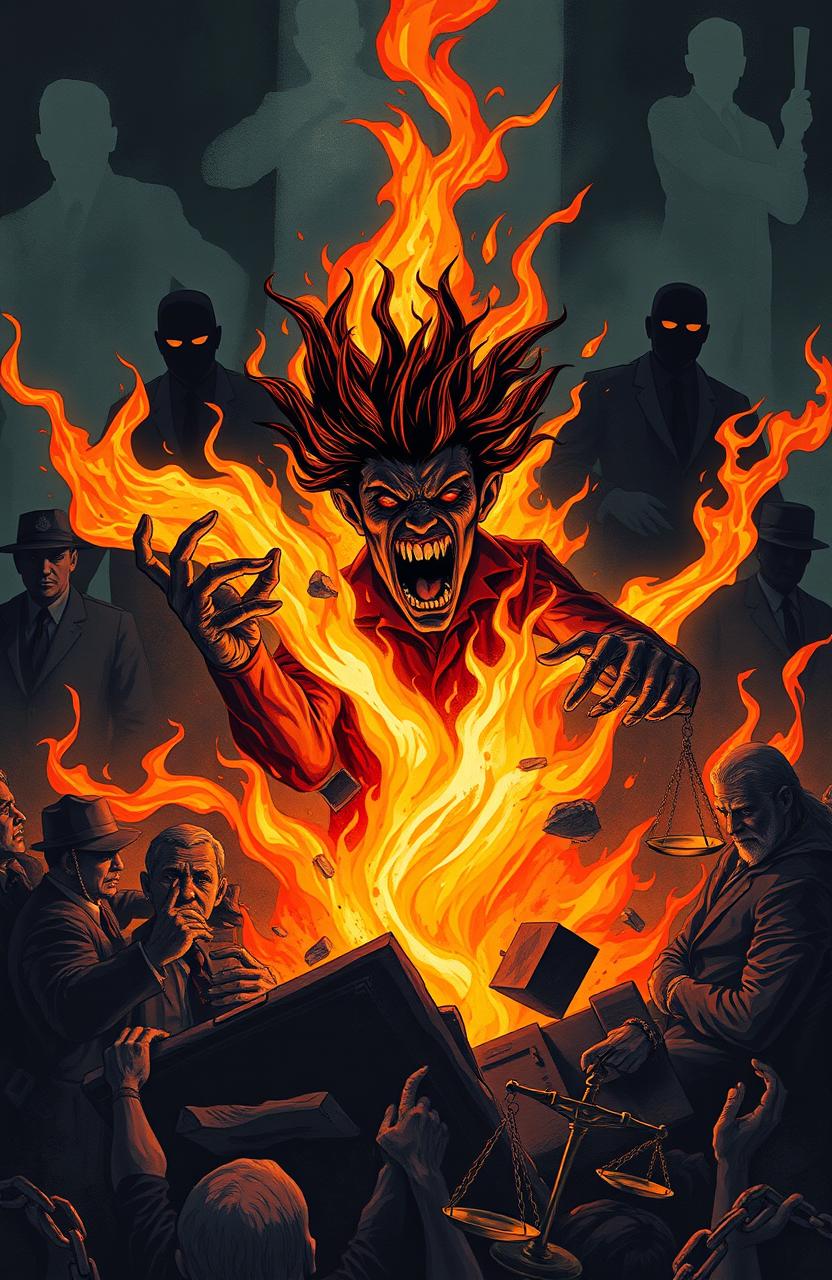 A powerful illustration depicting a restless and angry soul personifying social justice, with a fiery aura emanating from the figure