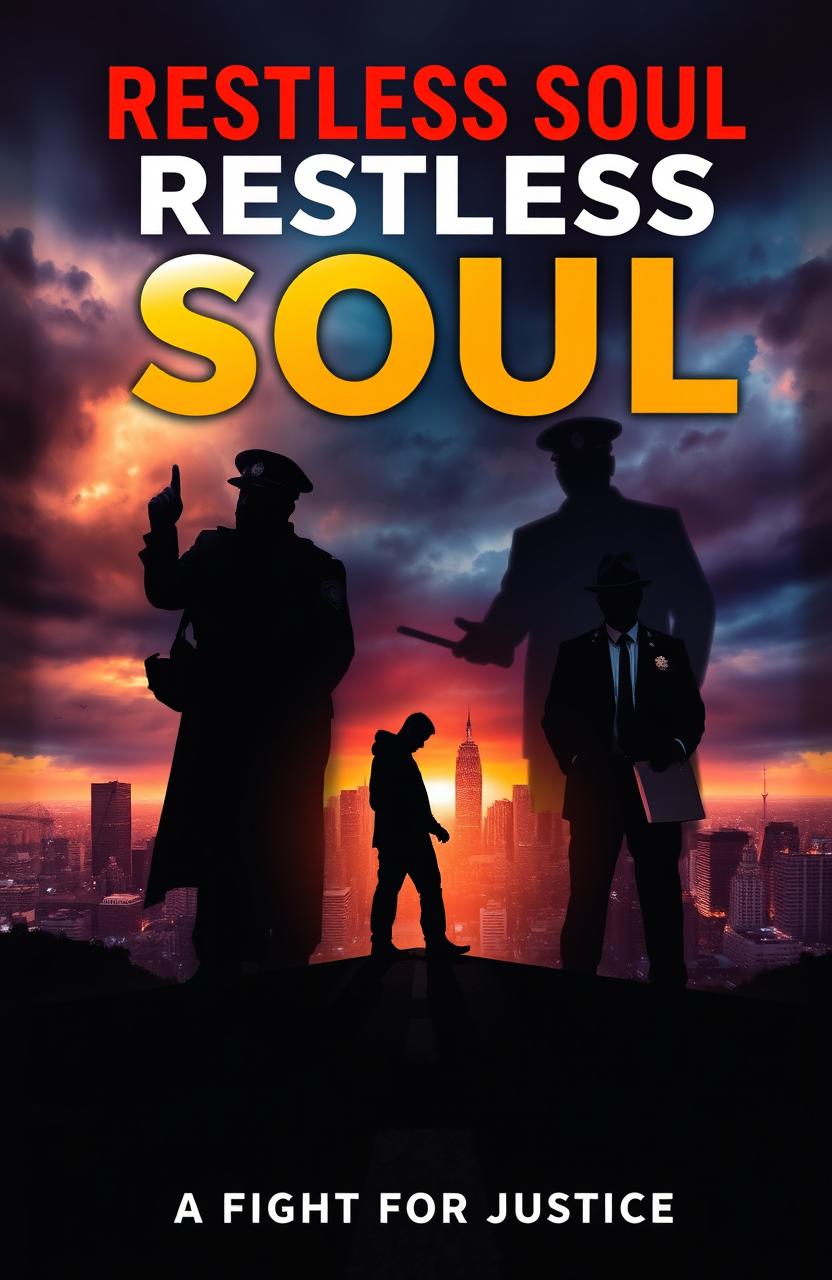 A poignant cover design for a book titled 'Restless Soul: A Fight for Justice,' depicting a silhouette of a troubled individual standing at a crossroads, embodying despair and anger