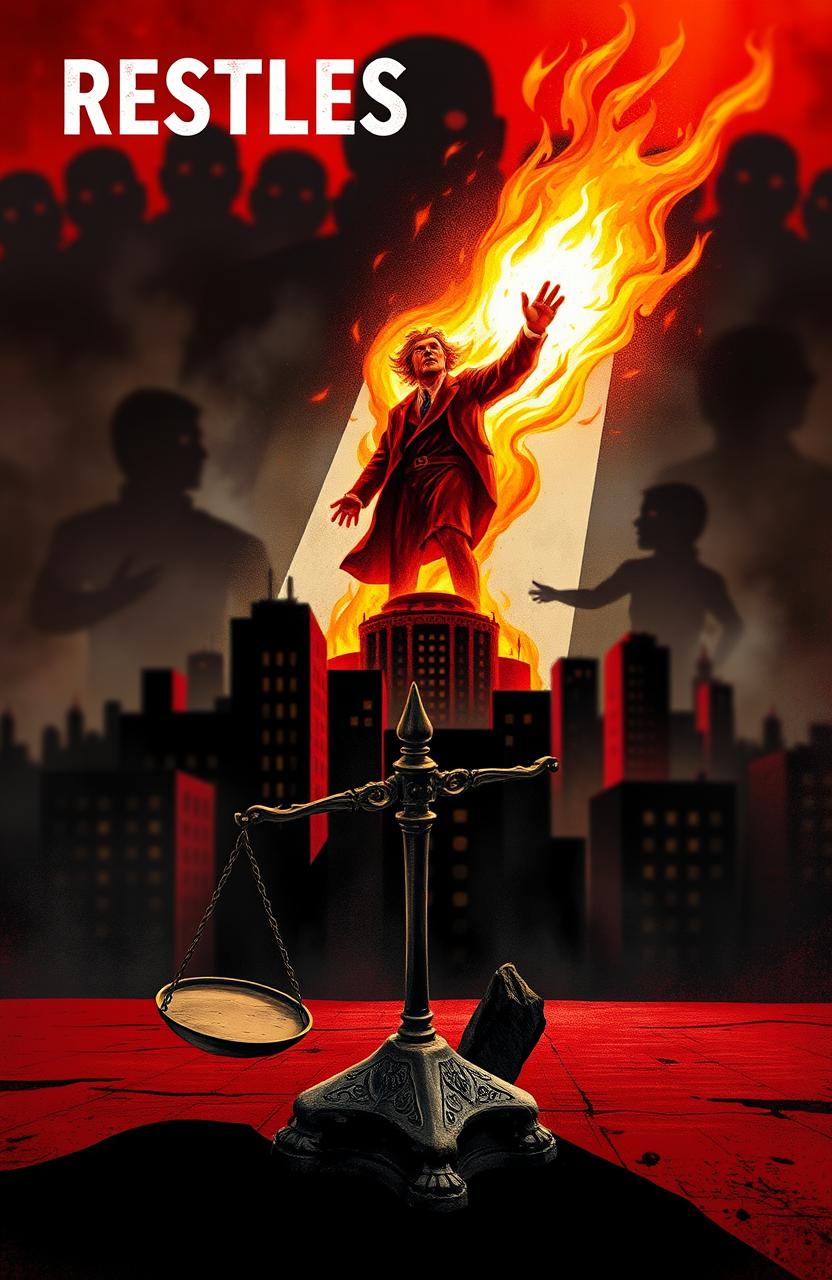 A gripping book cover illustration featuring a restless and angry soul symbolized by a fiery figure rising above a cityscape shadowed by dark, looming buildings representing corrupt institutions