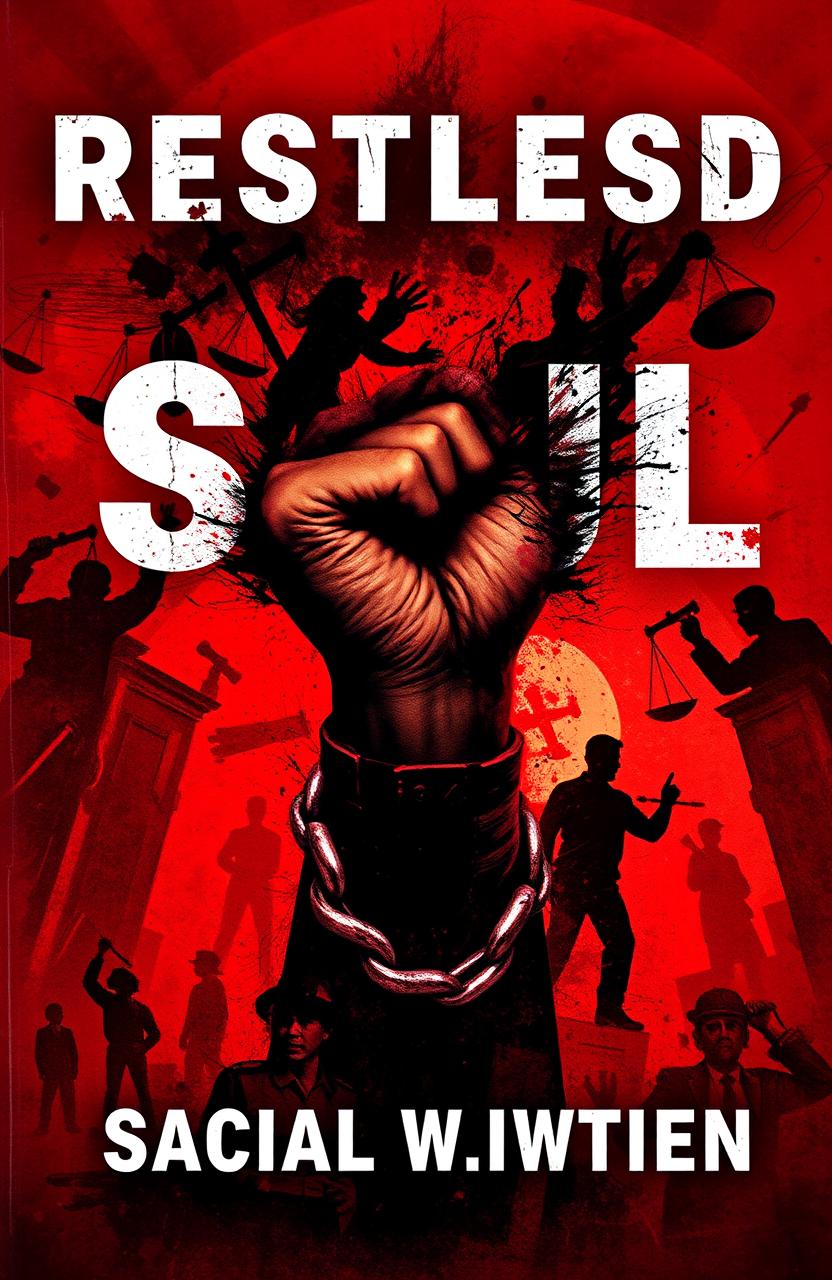 A vivid book cover design featuring an abstract representation of a restless and angry soul, symbolizing social justice