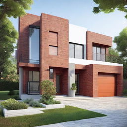 A modern, square-shaped home with four bedrooms and three bathrooms, constructed with red interlocking bricks. It features an open floor plan with high ceilings and a stylish loft area.