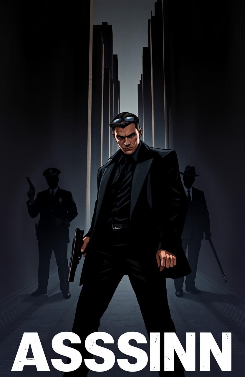 A gripping cover illustration of a book featuring a transformation of an ordinary man into a skilled assassin