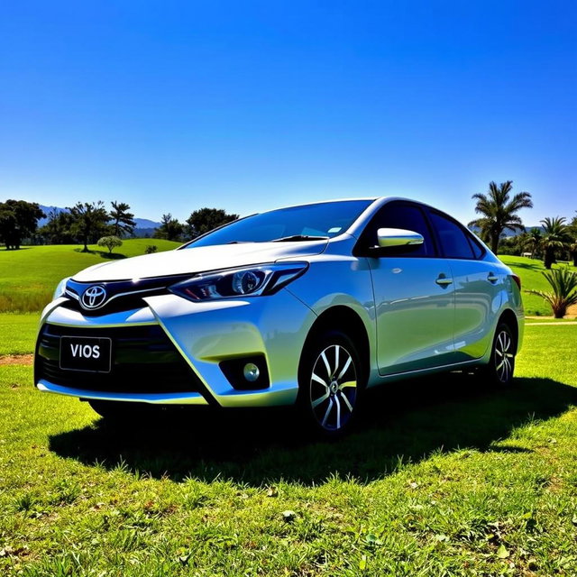 A Toyota Vios sedan with high ground clearance parked on a lush green field under a clear blue sky