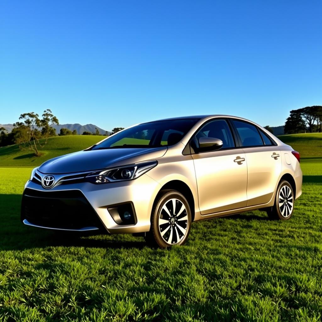 A Toyota Vios sedan with high ground clearance parked on a lush green field under a clear blue sky