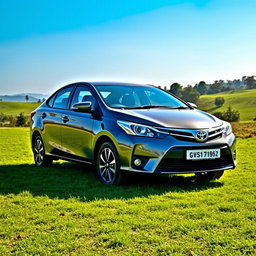 A Toyota Vios sedan with high ground clearance parked on a lush green field under a clear blue sky