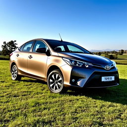 A Toyota Vios sedan with high ground clearance parked on a lush green field under a clear blue sky